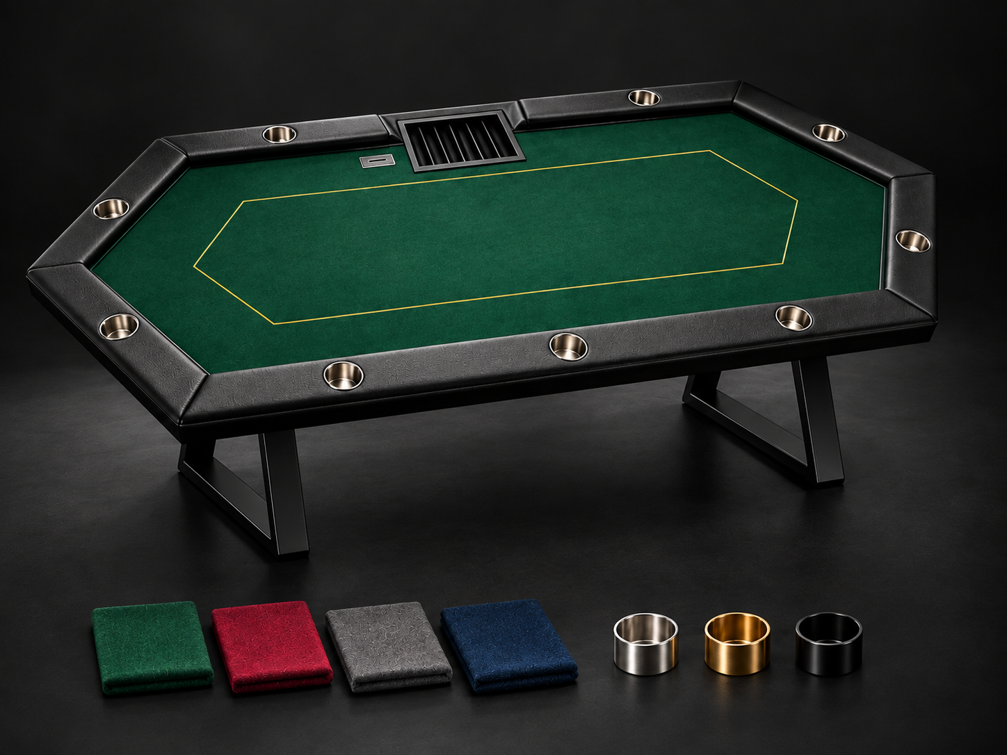 Green custom poker table with felt and finish samples