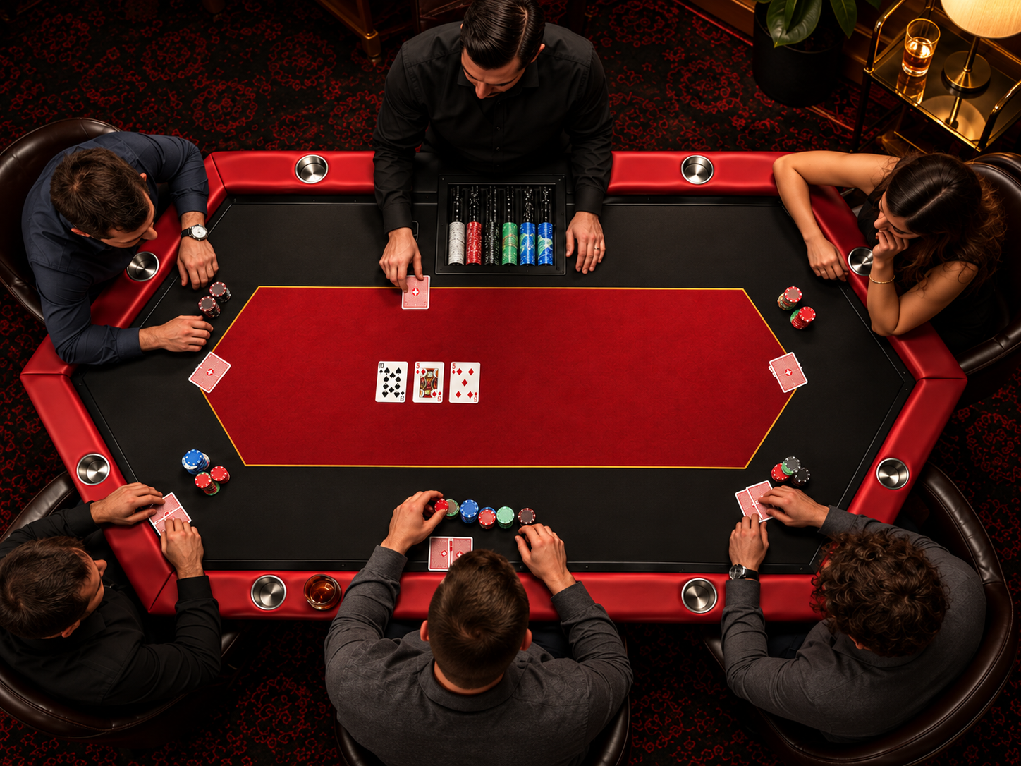 Guests and a dealer enjoying a poker event around a red table