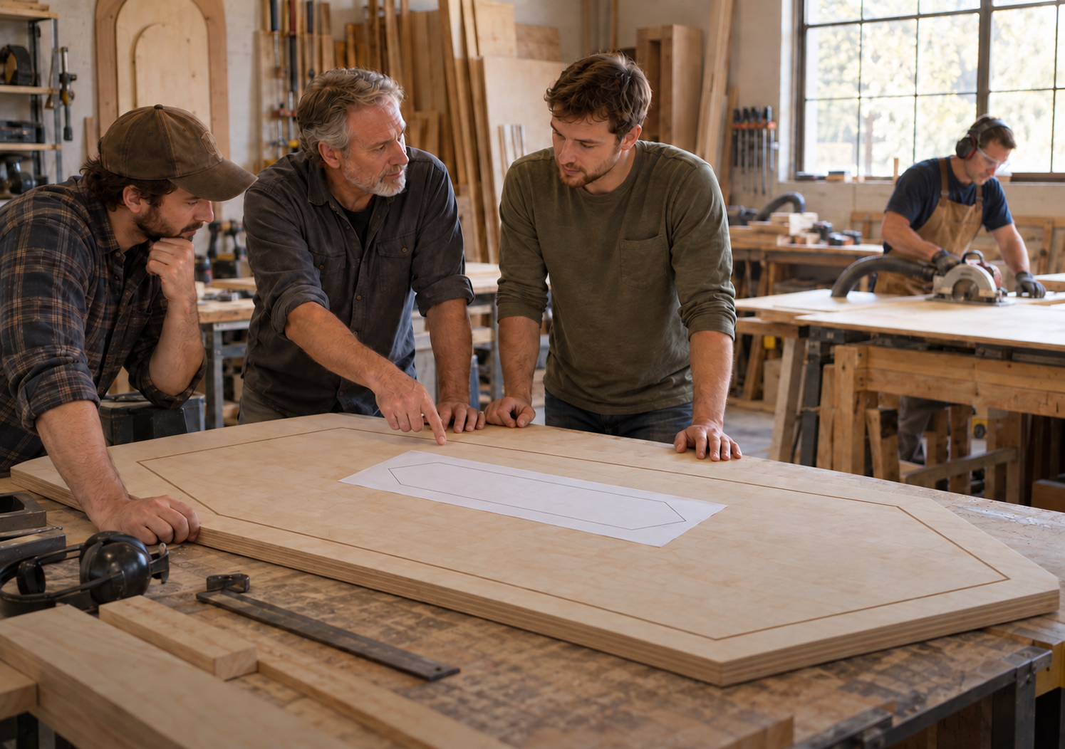 Illustrative workshop scene: discussing a poker table design